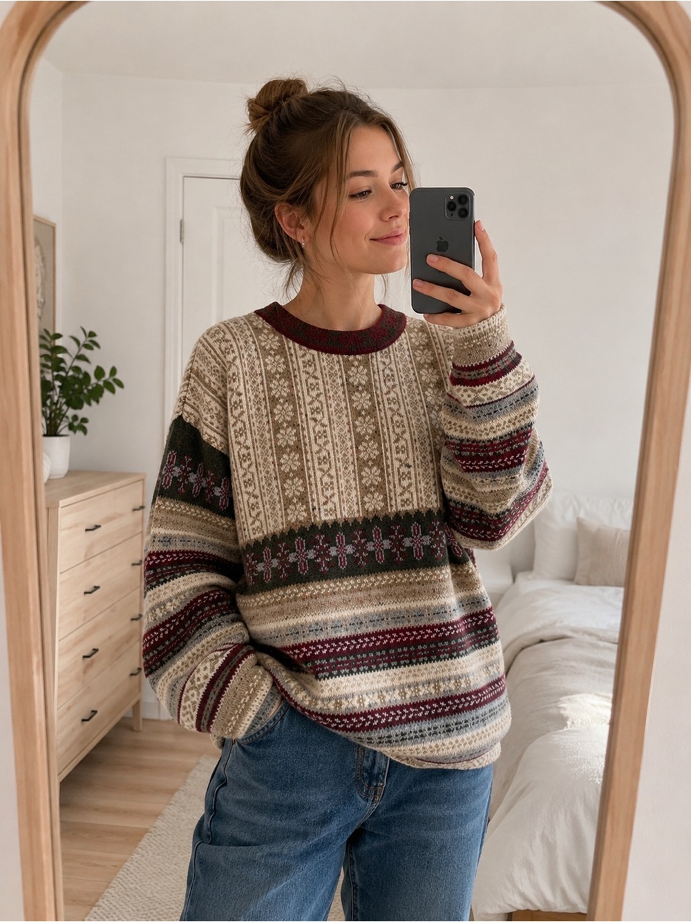 Vintage Marie Claire Fair Isle Wool Blend Nordic Sweater Women L Cozy Grandpa